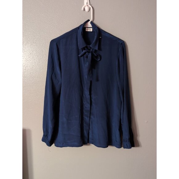Vintage 1980s Country Suburban Navy Bow Blouse Size 12 Satin - Picture 2 of 6